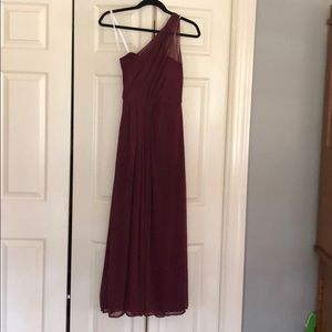 David’s Bridal wine one shoulder bridesmaid dress